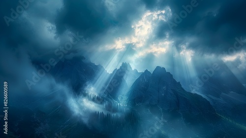 Dramatic Mountain Landscape with Approaching Storm Rays of Light Piercing Through Dark Clouds