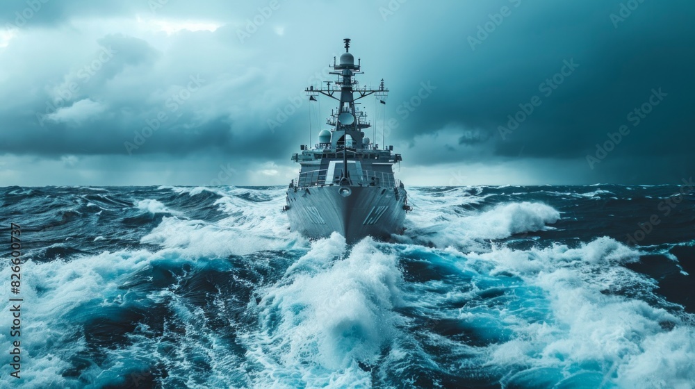 Large grey modern warship sailing in still water. Clear blue sky. Global communications, international security theme. Panoramic image Large grey modern warship sailing in still water. Clear blue sky. Global communications, international security theme. Panoramic image