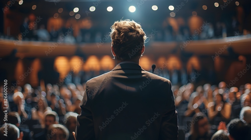 © Thares2020 - Confident business leader delivering victorious speech to cheering audience at professional conference