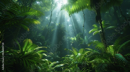 A vibrant forest bursting with greenery and various plants  illuminated by rays of sunlight filtering through the canopy.