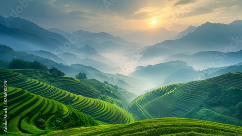 Misty Mountain Terraces at Dawn Offer Serene and Picturesque Landscape