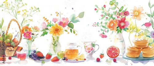 The image shows a table set with a variety of fruits, flowers, and drinks photo