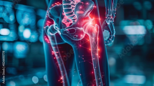 Detailed view of a person hip pain, overlaid with a red hologram and diagram of the hip joint photo
