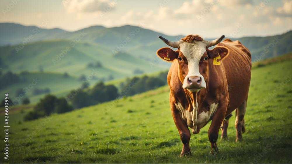 Portrait of cow in hills 