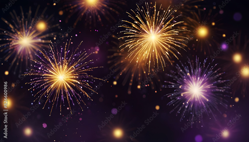 Celebration blurred background with golden and purple fireworks. Generative Ai