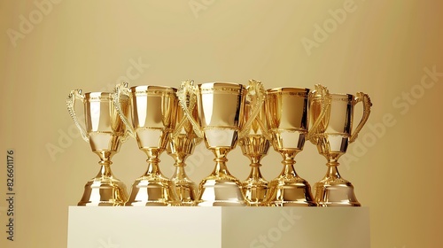 Gleaming gold trophy cups arranged neatly on a white pedestal, symbolizing achievement and excellence.