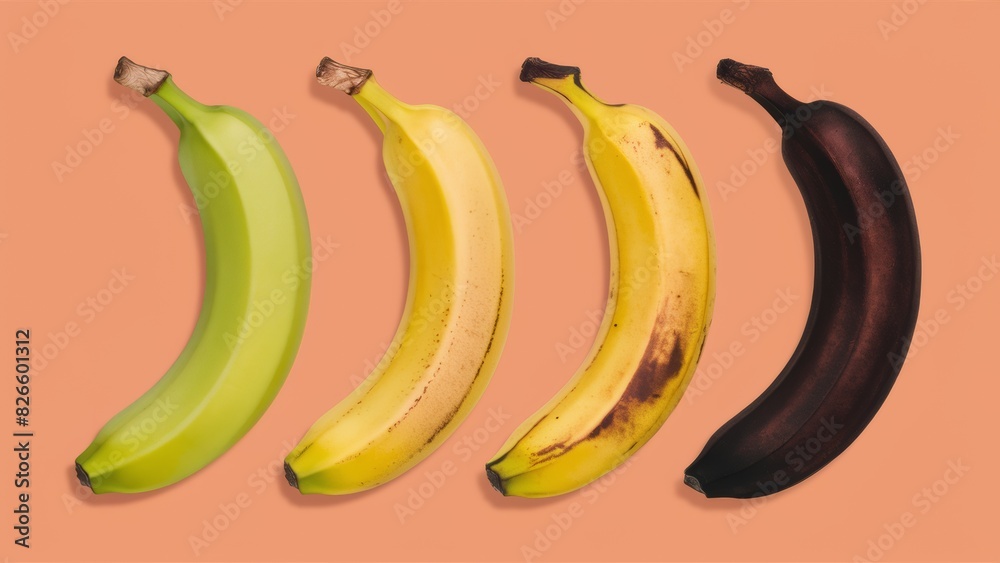 A promotional photo of four bananas, each of which smoothly transitions from fresh yellow to dark brown. A promotional photo of four bananas, each of which smoothly transitions from fresh yellow to dark brown.