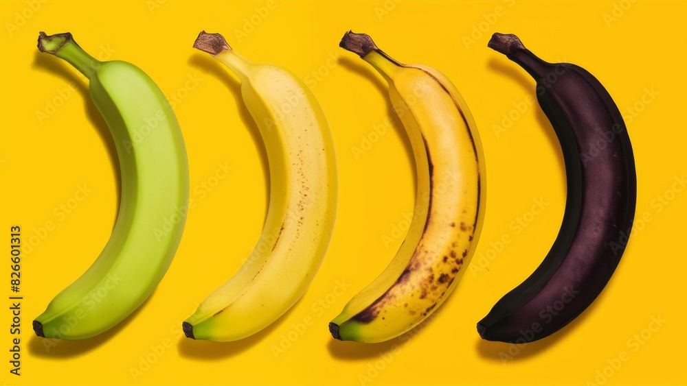 A promotional photo of four bananas, each of which smoothly transitions from fresh yellow to dark brown. A promotional photo of four bananas, each of which smoothly transitions from fresh yellow to dark brown.