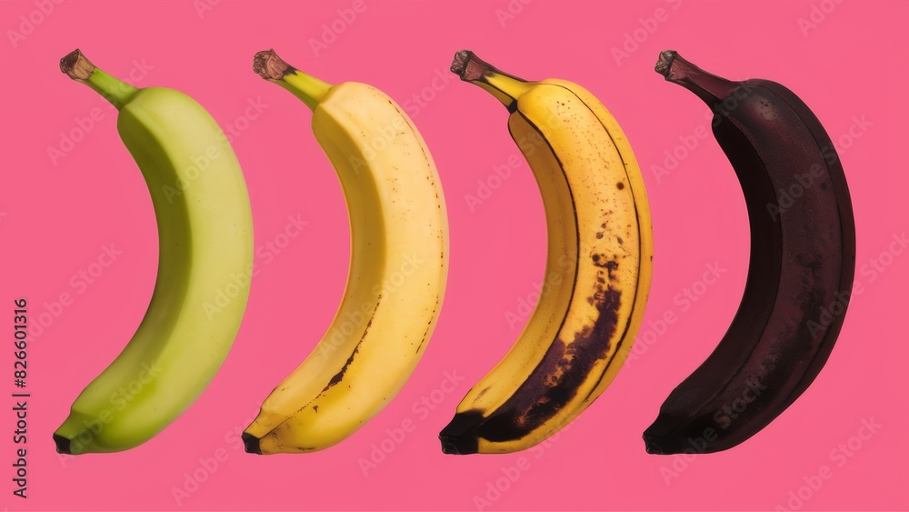 A promotional photo of four bananas, each of which smoothly transitions from fresh yellow to dark brown. A promotional photo of four bananas, each of which smoothly transitions from fresh yellow to dark brown.