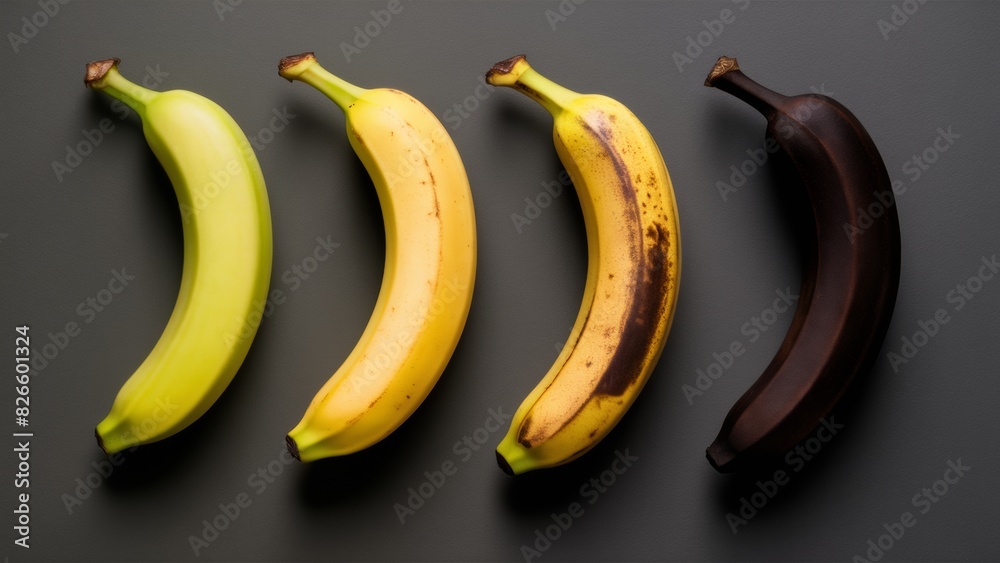 A promotional photo of four bananas, each of which smoothly transitions from fresh yellow to dark brown. A promotional photo of four bananas, each of which smoothly transitions from fresh yellow to dark brown.