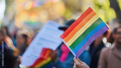 Rainbow flag behind a diverse LGBTQ family group, A person holding a rainbow flag in a crowd during a parade. The vibrant flag waves amid a lively scene, symbolizing pride and solidarity.