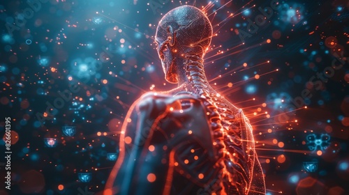 Detailed view of a person upper back pain, overlaid with a red hologram and bone diagram photo
