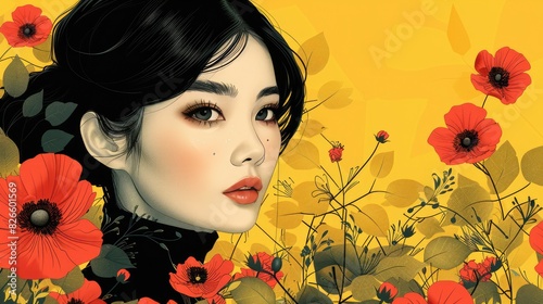 portrait of asian woman with dark hair, minimalistic collage with flowers and leaves in a vintage style