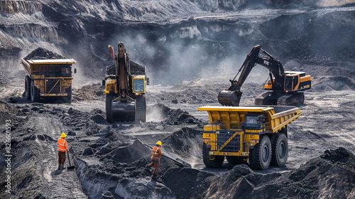 Workers using heavy machinery to clear overburden and access coal seams in a surface mine
