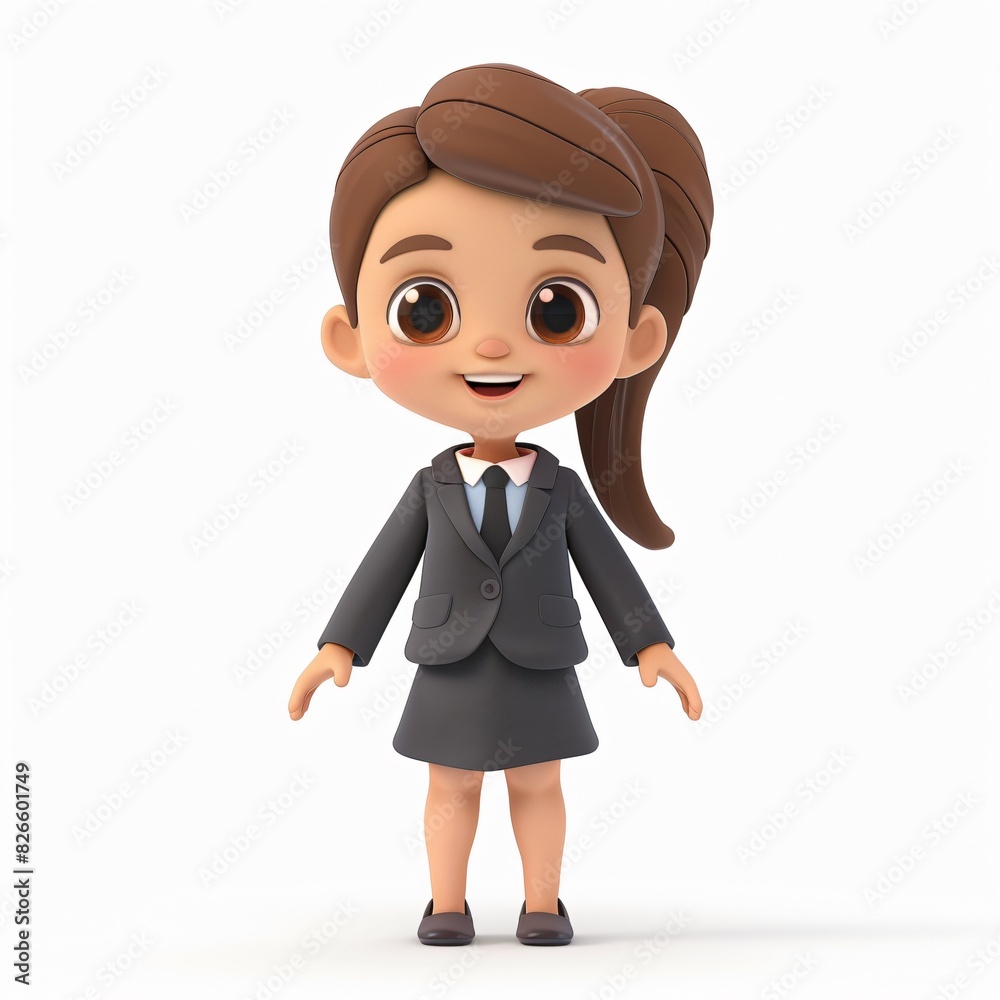 Cute Girl Cartoon in 3D Style Wearing a Suit Dress, Holding a Tablet, Smiling, Isolated on a White Background, Ideal for Business and Children's Educational Illustrations.