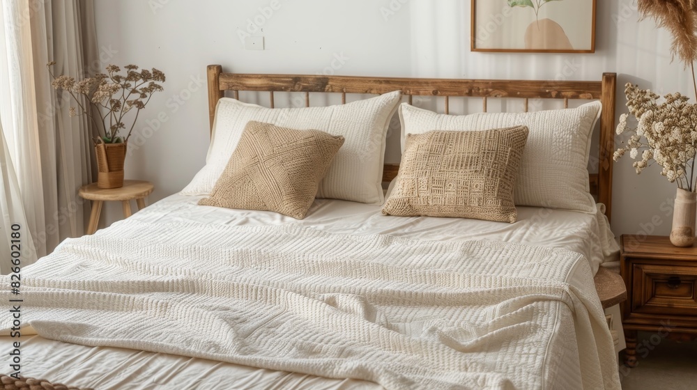 Neatly made bed with a white textured cover, two pillows with one having a woven design, and a third pillow with a green and white abstract design Neatly made bed with a white textured cover, two pillows with one having a woven design, and a third pillow with a green and white abstract design