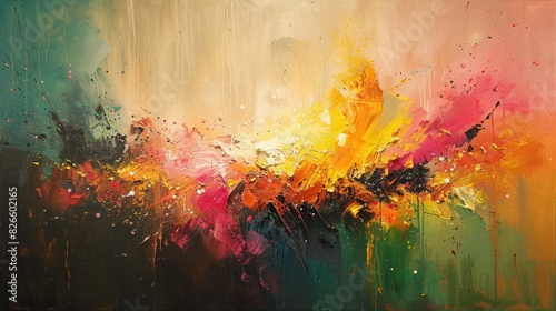 An oil painting bursts with vibrant colors, showcasing abstract textures and fragments of artistry on canvas. Burnt orange, yellow, pink, pine green