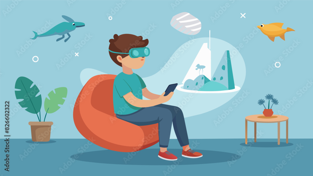 Obraz premium A young boy sits on a bean bag chair eagerly exploring a virtual reality tour of a natural history museum and marveling at the lifelike exhibits.. Vector illustration