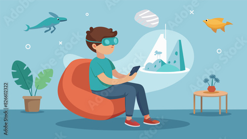 A young boy sits on a bean bag chair eagerly exploring a virtual reality tour of a natural history museum and marveling at the lifelike exhibits.. Vector illustration