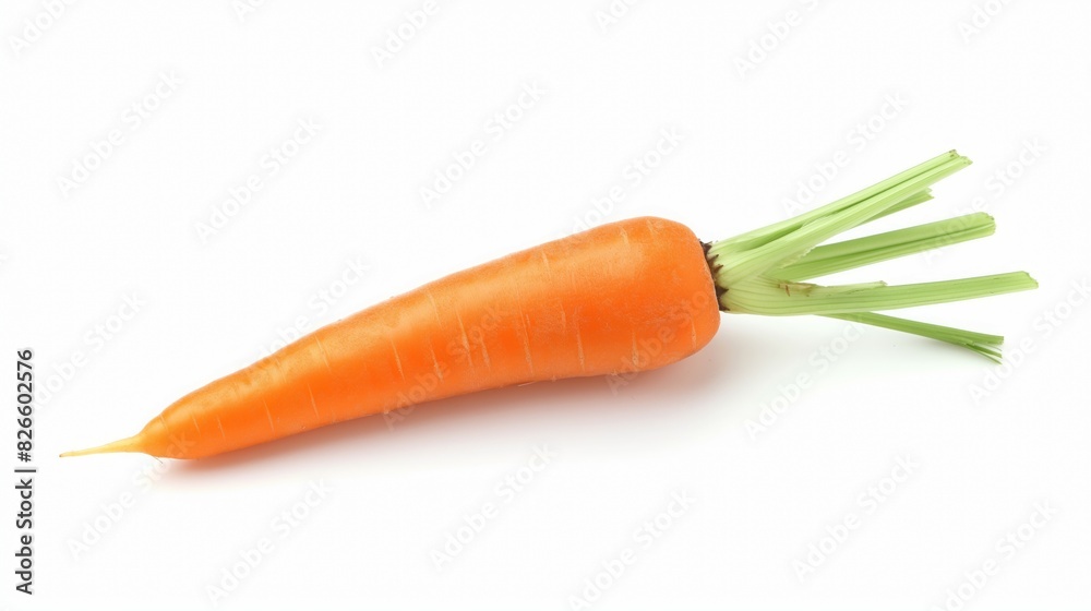 Fresh orange carrot with green stems placed on a white background, highlighting its vibrant color Fresh orange carrot with green stems placed on a white background, highlighting its vibrant color