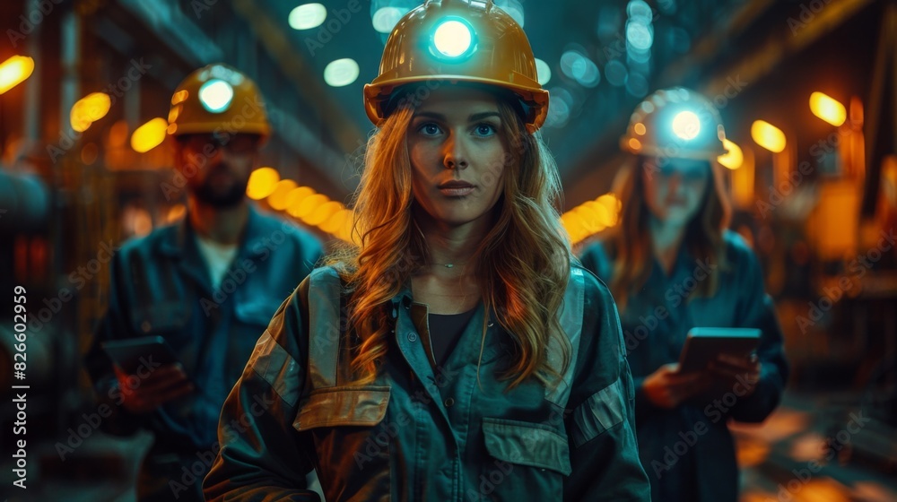 Three Diverse Multicultural Heavy Industry Engineers and Workers in Uniform Walk in Dark Steel Factory Using Flashlights on Their Hard Hats. Female Industrial Contractor is Using a Tablet Computer Three Diverse Multicultural Heavy Industry Engineers and Workers in Uniform Walk in Dark Steel Factory Using Flashlights on Their Hard Hats. Female Industrial Contractor is Using a Tablet Computer