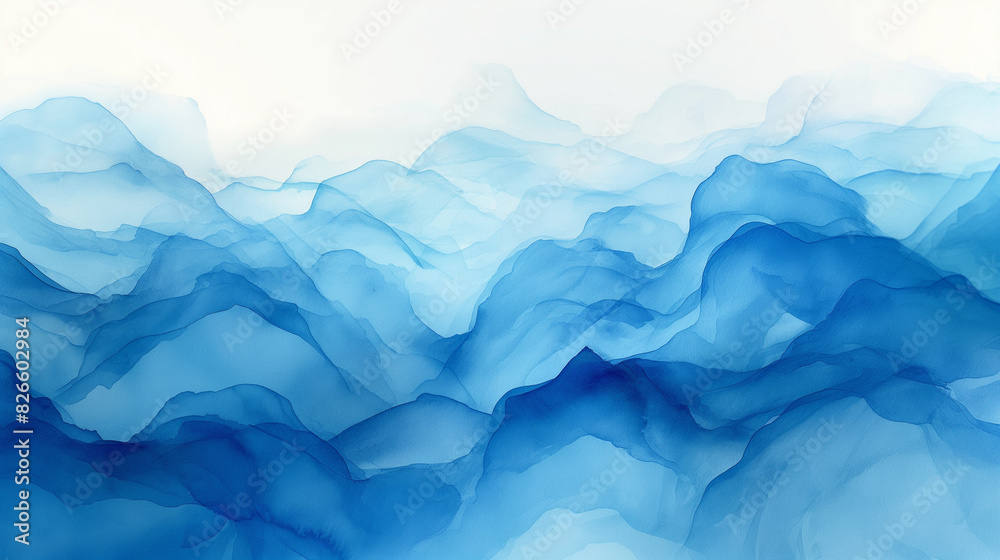 A blue and white watercolor painting with a cloudy sky