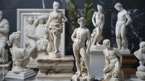 Gleaming marble statues adorned with intricate carvings, standing as timeless tributes to craftsmanship and beauty.