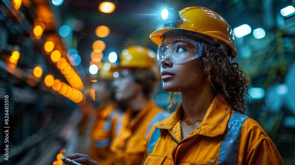 Three Diverse Multicultural Heavy Industry Engineers and Workers in Uniform Walk in Dark Steel Factory Using Flashlights on Their Hard Hats. Female Industrial Contractor is Using a Tablet Computer Three Diverse Multicultural Heavy Industry Engineers and Workers in Uniform Walk in Dark Steel Factory Using Flashlights on Their Hard Hats. Female Industrial Contractor is Using a Tablet Computer