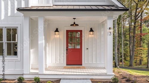 A front door detail of a white modern farmhouse with a red front door, black light fixtures, and a covered porch with white pillars.