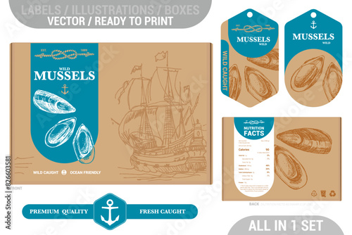 Mussel seafood Premium quality package design set featuring modern hand drawn illustrations and labels set. Seafood