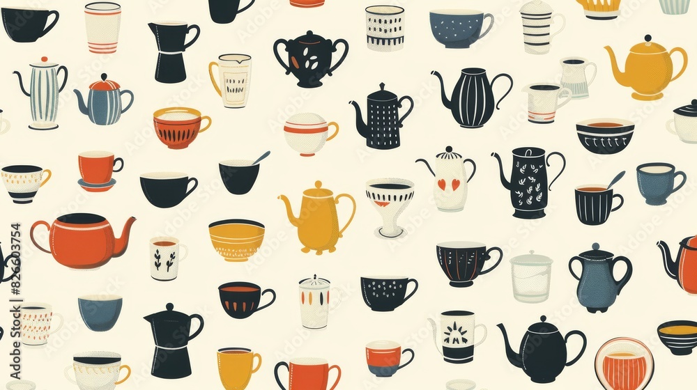 Coffee and tea pattern with cups, mugs, and teapots Coffee and tea pattern with cups, mugs, and teapots