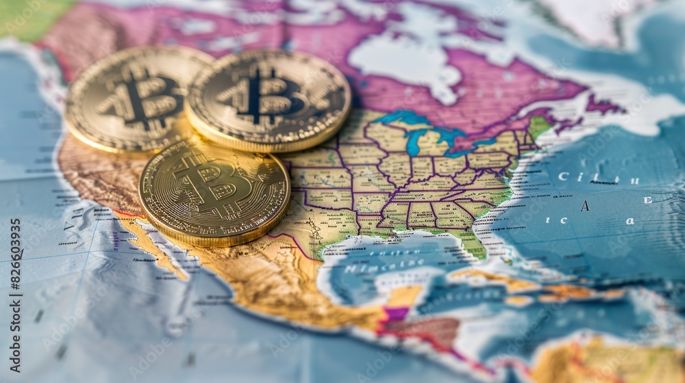Bitcoin coin on political map of North America, on the territory of united states, use of cryptocurrency worldwide, economic power, crypto coint currency.