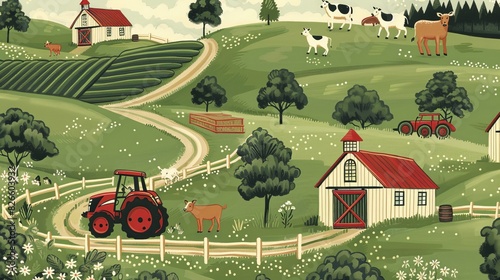 Farm life pattern with barns, tractors, and animals