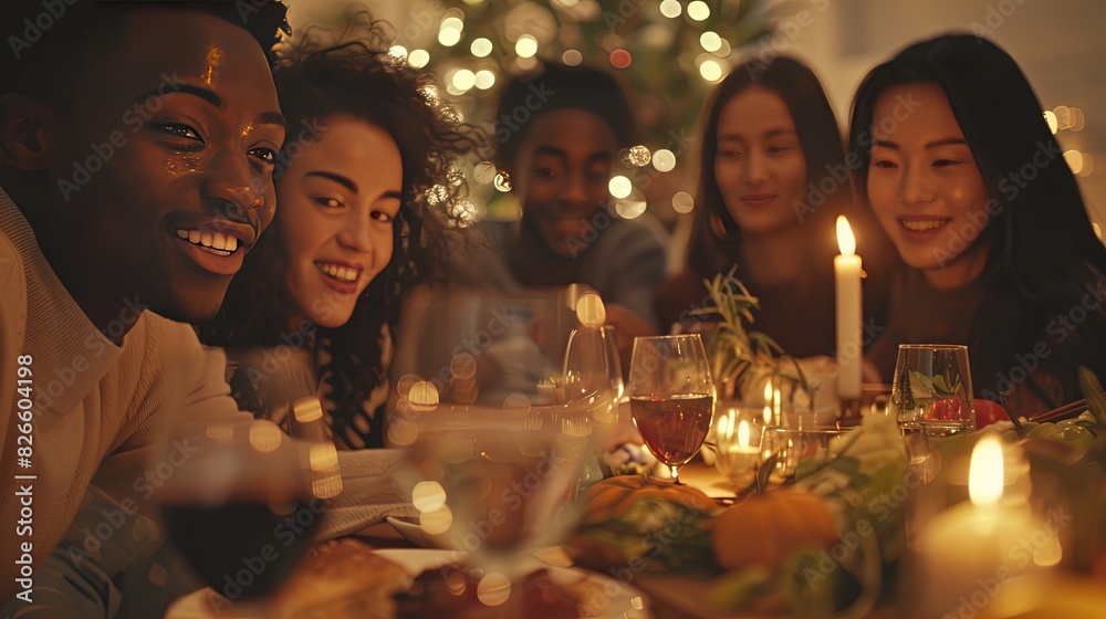 Diverse Multicultural Group of Friends Enjoying Food in Restaurant