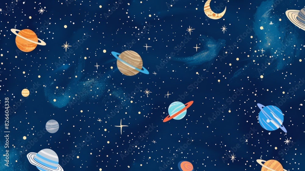 Galaxy pattern with stars and planets on a deep blue background
