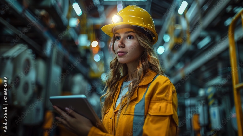 Three Diverse Multicultural Heavy Industry Engineers and Workers in Uniform Walk in Dark Steel Factory Using Flashlights on Their Hard Hats. Female Industrial Contractor is Using a Tablet Computer Three Diverse Multicultural Heavy Industry Engineers and Workers in Uniform Walk in Dark Steel Factory Using Flashlights on Their Hard Hats. Female Industrial Contractor is Using a Tablet Computer