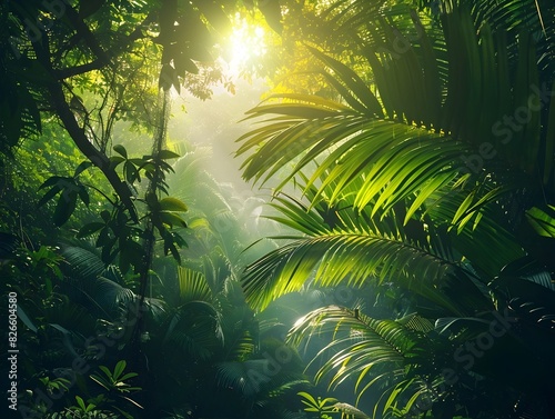 Lush Tropical Jungle Bursting with Verdant Foliage and Shimmering Sunlight Rays