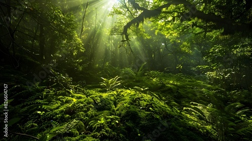Lush Green Canopy of Flourishing Rainforest with Sunlight Streaming Through Leaves and Ferns