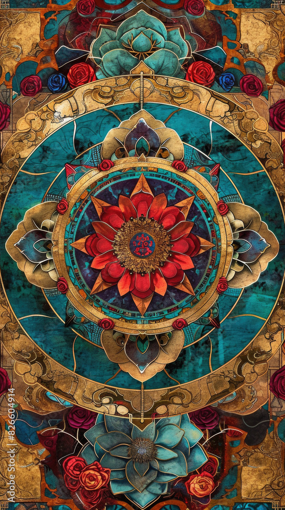 Obraz premium A vibrantly colored Thai temple mural depicts a religious scene with gold detailing