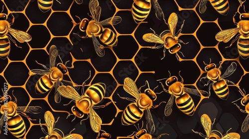 Honeycomb pattern with bees and hexagons