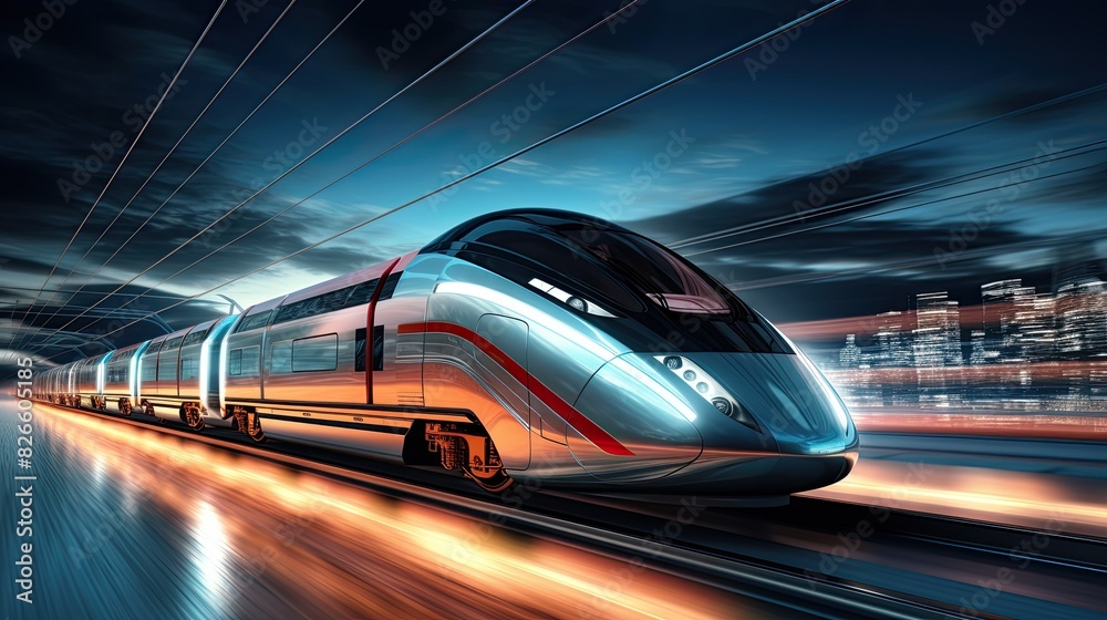 High-speed modern train moving at night with a cityscape in the background, showcasing advanced technology and swift transportation. High-speed modern train moving at night with a cityscape in the background, showcasing advanced technology and swift transportation.