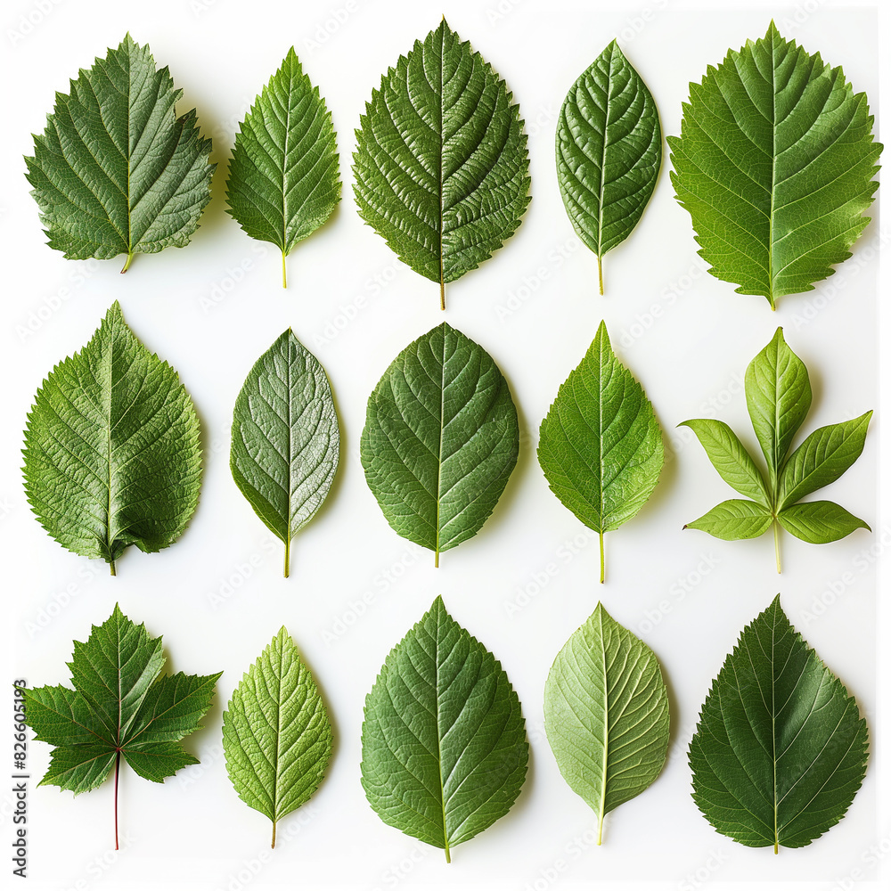 A collection of green leaves are arranged in a pattern on a white background
