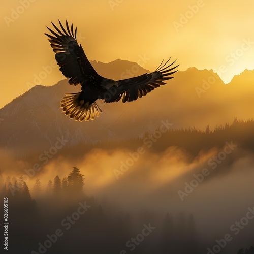 Giant Eagle Soaring Over Misty Mountain Landscape at Sunset with Dramatic Sky © pisan thailand