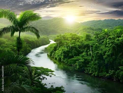 Lush Tropical Rainforest River Landscape at Magical Sunset with Vibrant Green Foliage and Peaceful Flowing Water Reflecting the Warm Glow of the Sky