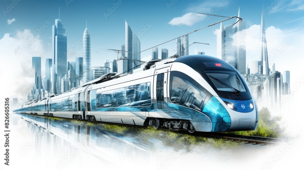 Naklejka premium Modern high-speed train against futuristic cityscape, symbolizing advanced technology and efficient transportation.