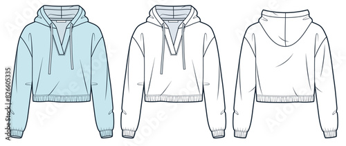 Cropped Hoodie technical fashion illustration. Hooded Sweatshirt fashion flat technical drawing template, v-neck, relaxed fit, front and back view, white, blue, women, men, unisex CAD mockup set.