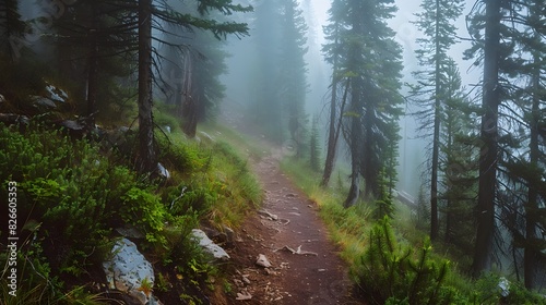 Mysterious Misty Trail Winding Through Lush Green Forest Landscape