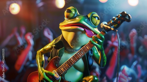 A digital illustration of an anthropomorphic frog rocking out on an electric guitar in a live concert setting, full of vibrant energy photo