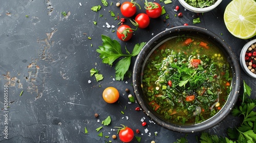 Top view of a healthy condiment recipe fresh salsa verde in a bowl with a green sauce made from fresh herbs spices and a chimichurri dipping sauce created with