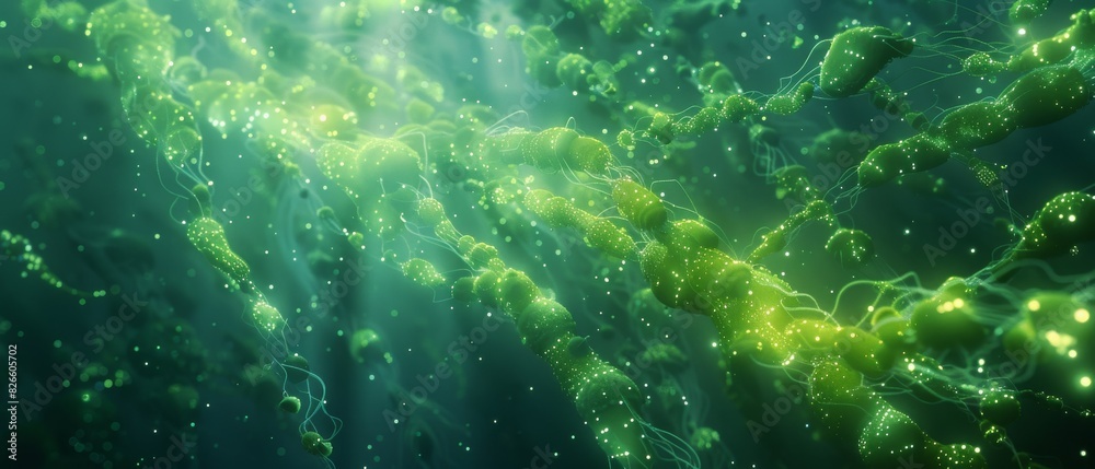 Illuminate the depths with a mesmerizing long shot of Algal Links Glowing nodes pulsate, symbolizing the interconnectedness of marine life, rendered in photorealistic CG